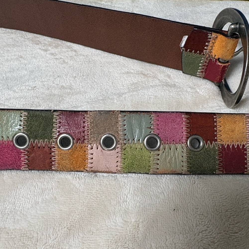 Vintage Fossil pastel & bright multicolor patchwork leather/suede belt Sz Medium - Picture 15 of 16